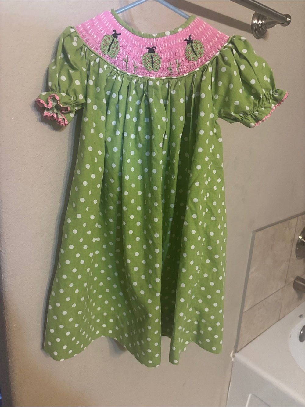 Girls' Green Polka Dot Smocked Dress with Pink Yoke
